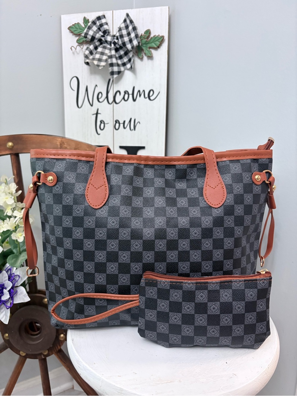 Women's Checkered Tote with Wristlet - Black and Brown Trim NWOT